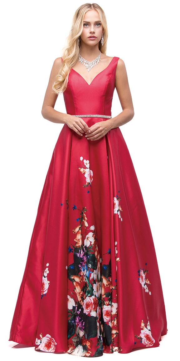 V-Neck Floral Print Rhinestones Waist A-line Long Prom Dress — in an alternative image