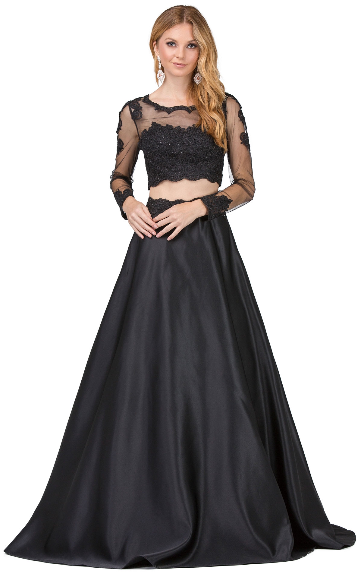 Long Sleeve Lace Top Satin Skirt Two Piece Prom Dress — in Black