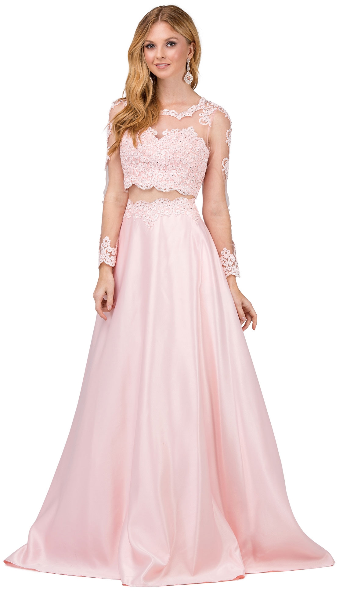 Long Sleeve Lace Top Satin Skirt Two Piece Prom Dress — in Blush