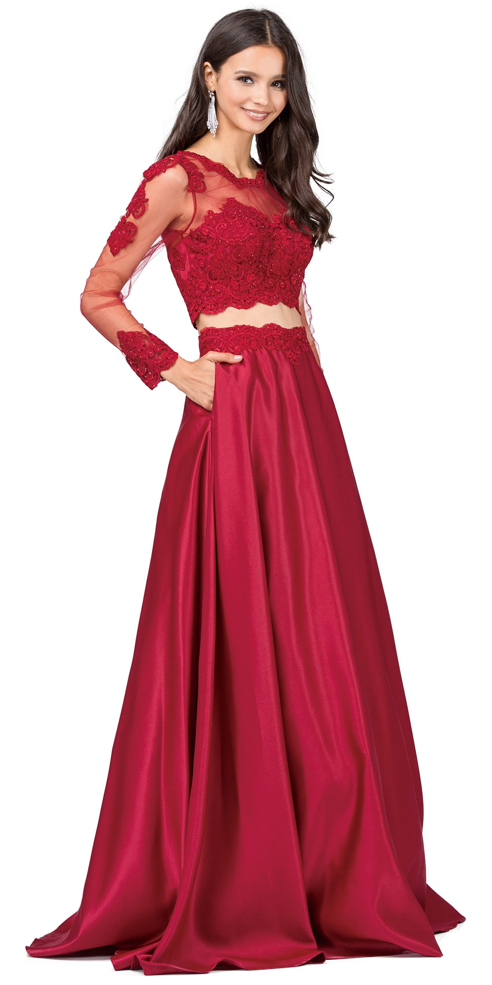 Long Sleeve Lace Top Satin Skirt Two Piece Prom Dress