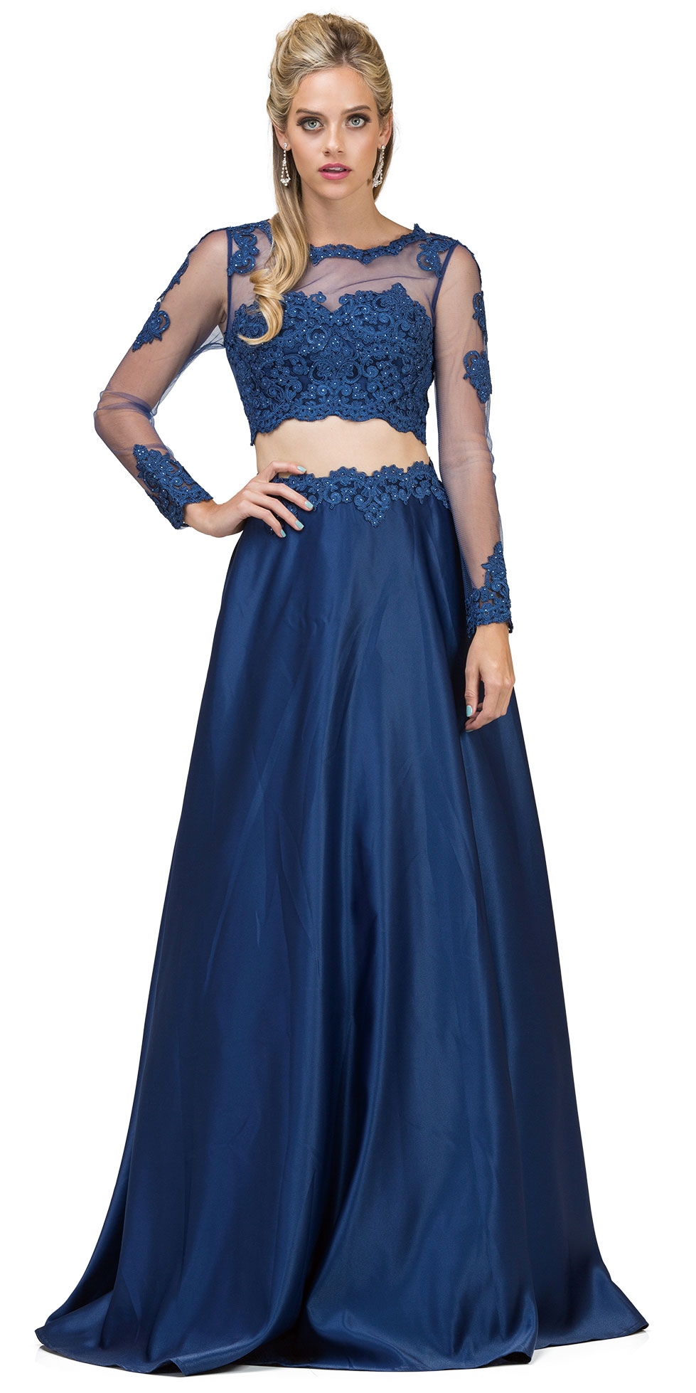 Long Sleeve Lace Top Satin Skirt Two Piece Prom Dress — in Navy