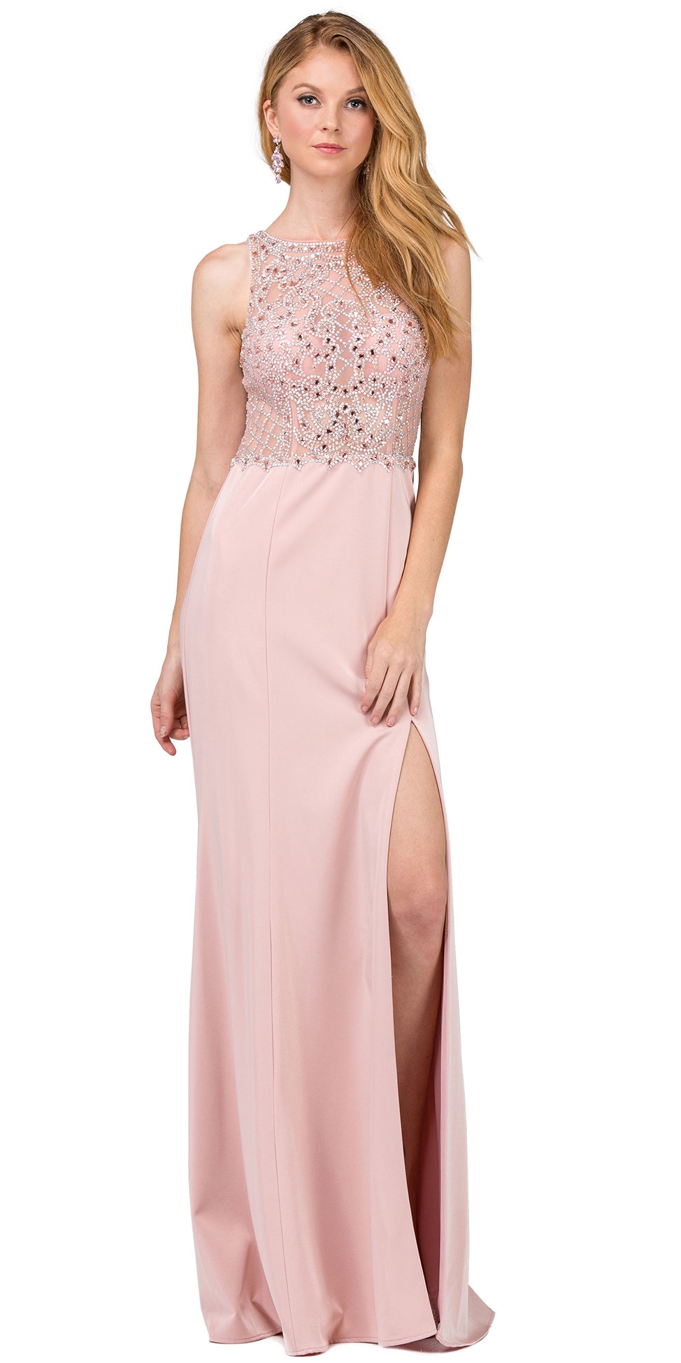 Rhinestones Mesh Top Keyhole Back Long Prom Dress — in Dusty Pink