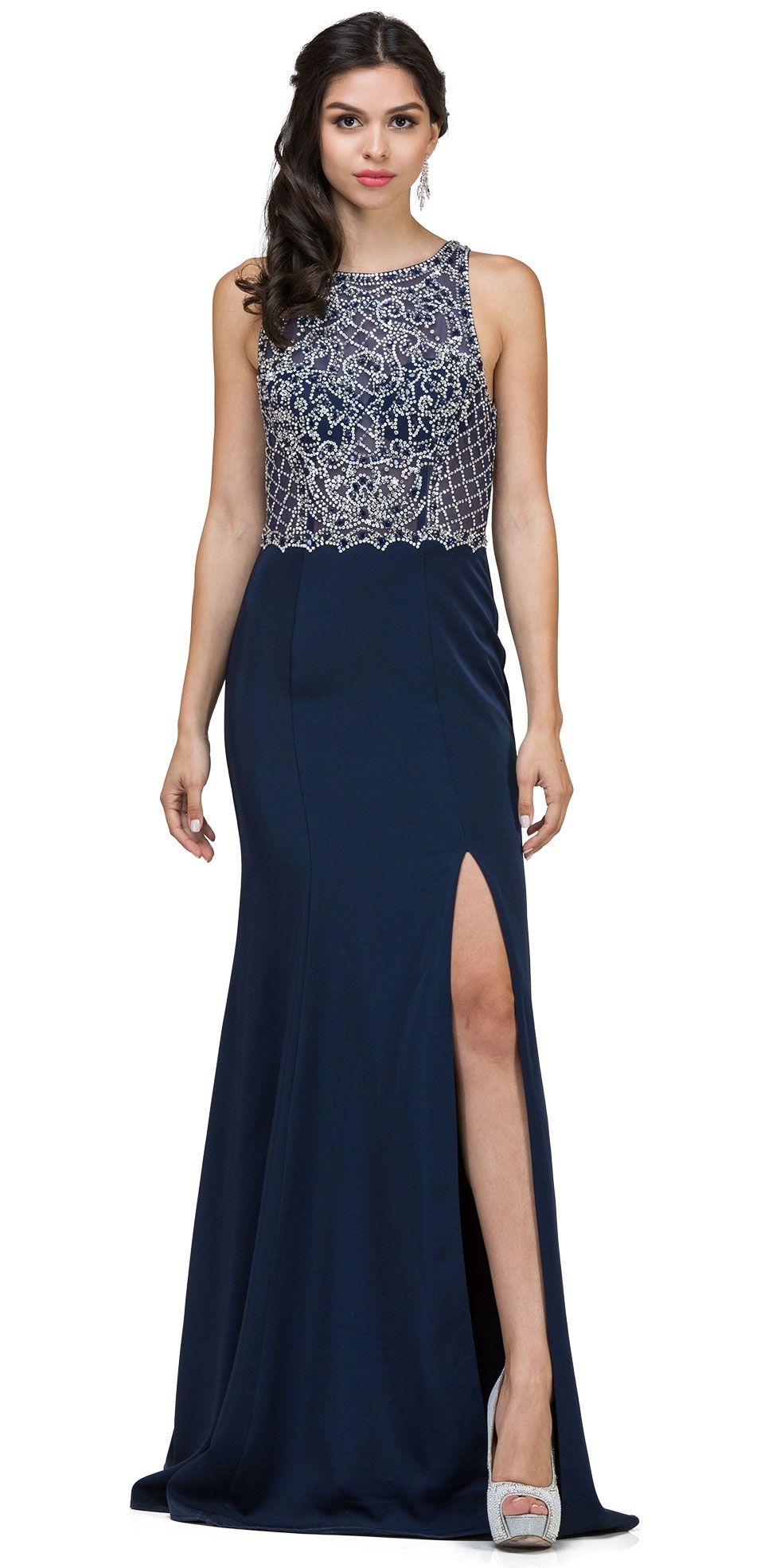 Rhinestones Mesh Top Keyhole Back Long Prom Dress — in Navy