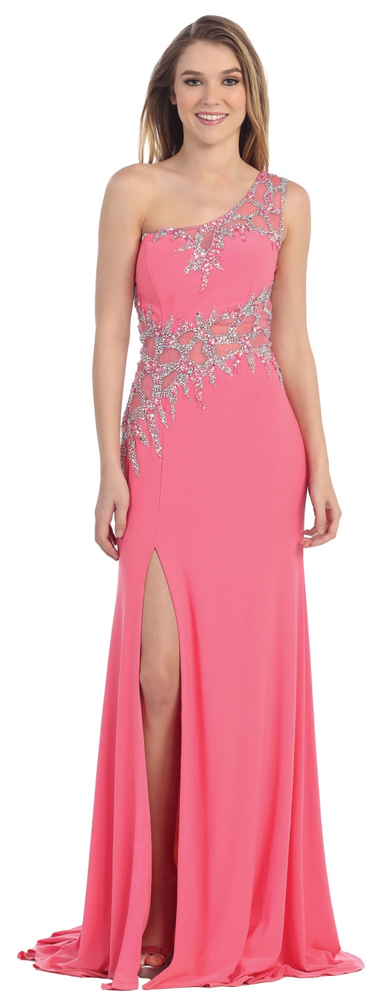 One Shoulder Web Beaded Pattern Long Prom Pageant Dress
