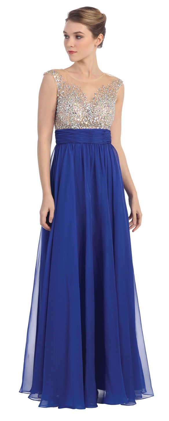 Bejeweled Mesh Bust Long Prom Pageant Dress — in Royal Blue