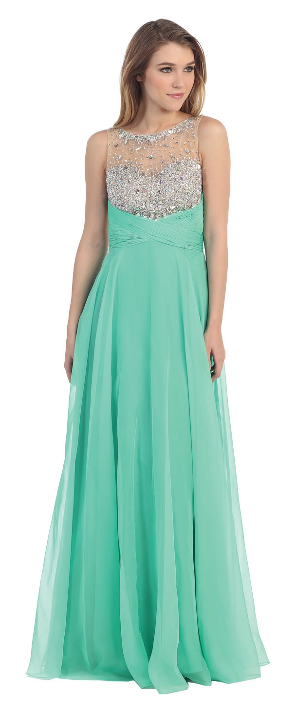 Rhinestones Mesh Bust Long Prom Pageant Dress