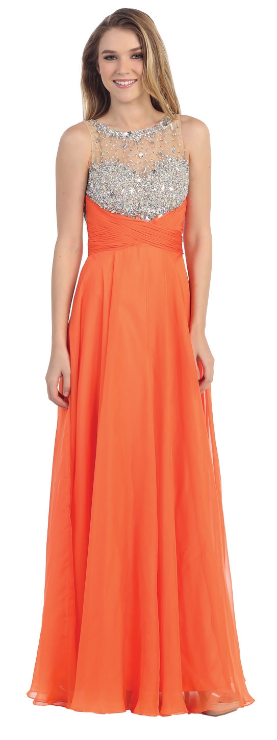 Rhinestones Mesh Bust Long Prom Pageant Dress — in Orange