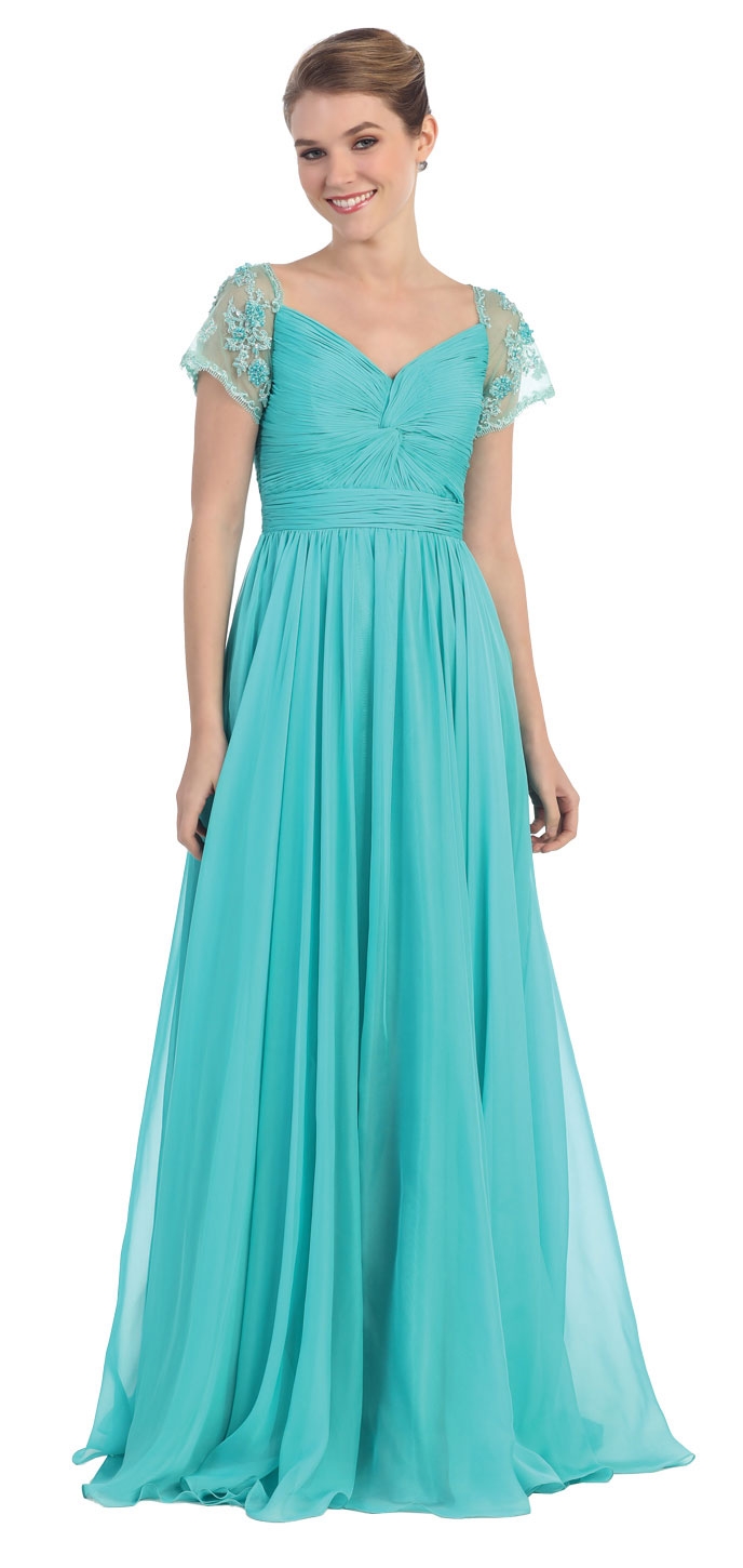 Short Sleeves Twist Knot Bust Long Formal MOB Dress