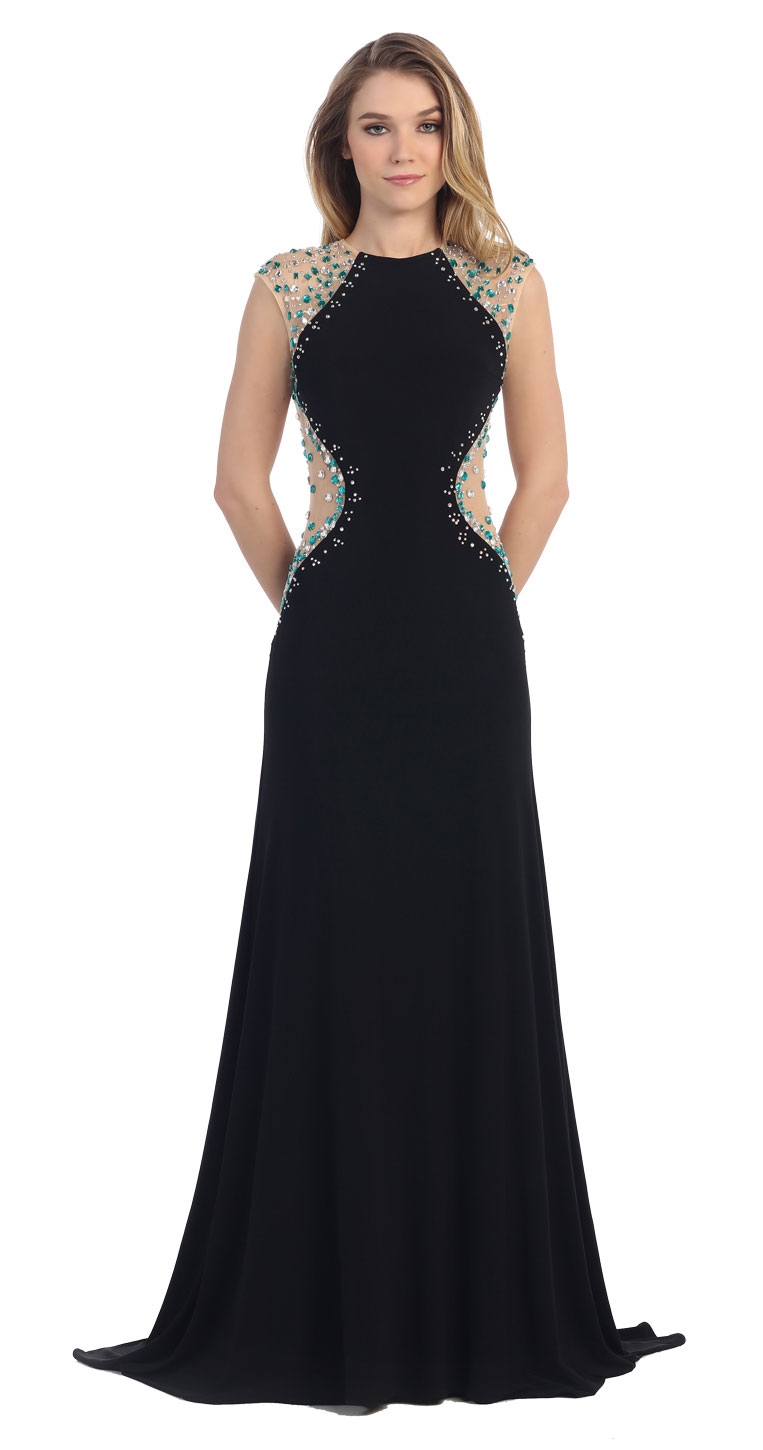 Mesh Rhinestones Bodice Floor Length Prom Pageant Dress — in Black