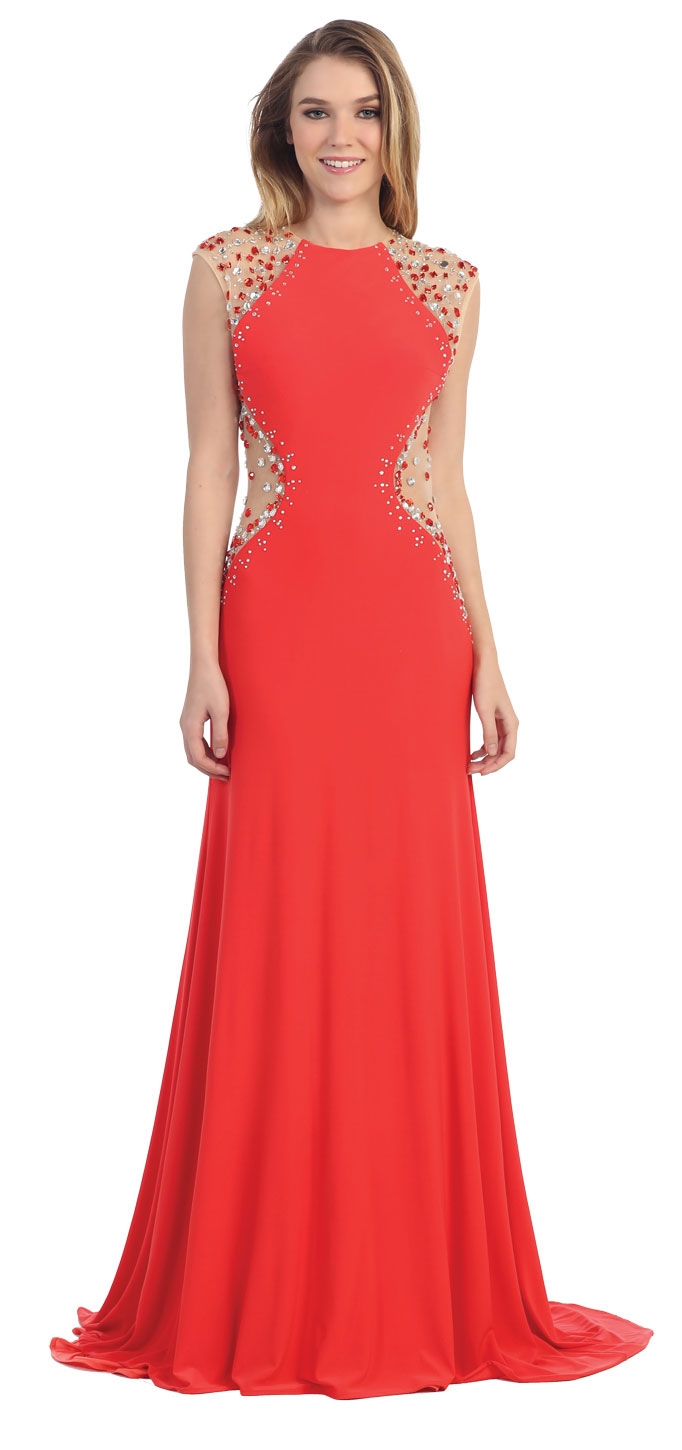 Mesh Rhinestones Bodice Floor Length Prom Pageant Dress