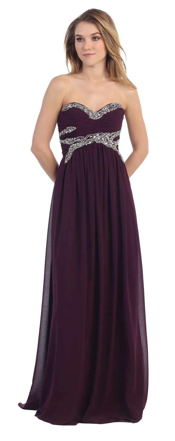 Strapless Empire Beaded Bust Long Formal Evening Dress
