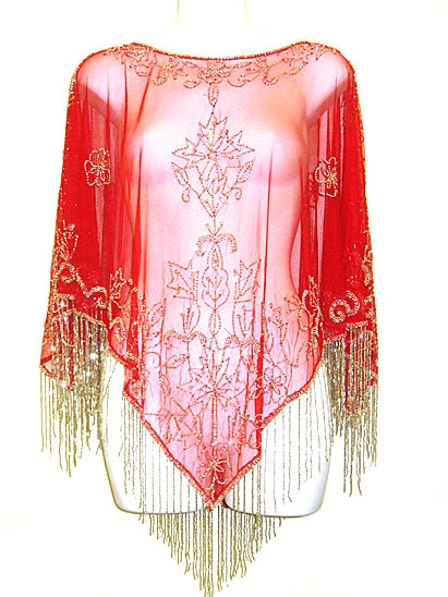 Broad V-Neck Beaded Mesh Poncho with Fringes — in Red