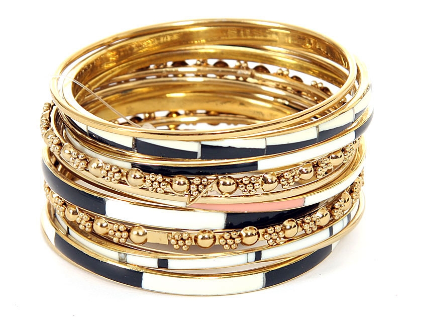 Set of 14 Gold Accented Black/Ivory Bangle Bracelets