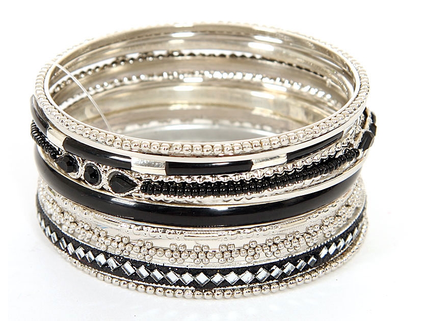 Set of 11 Black/Silver Accented Bangle Bracelets