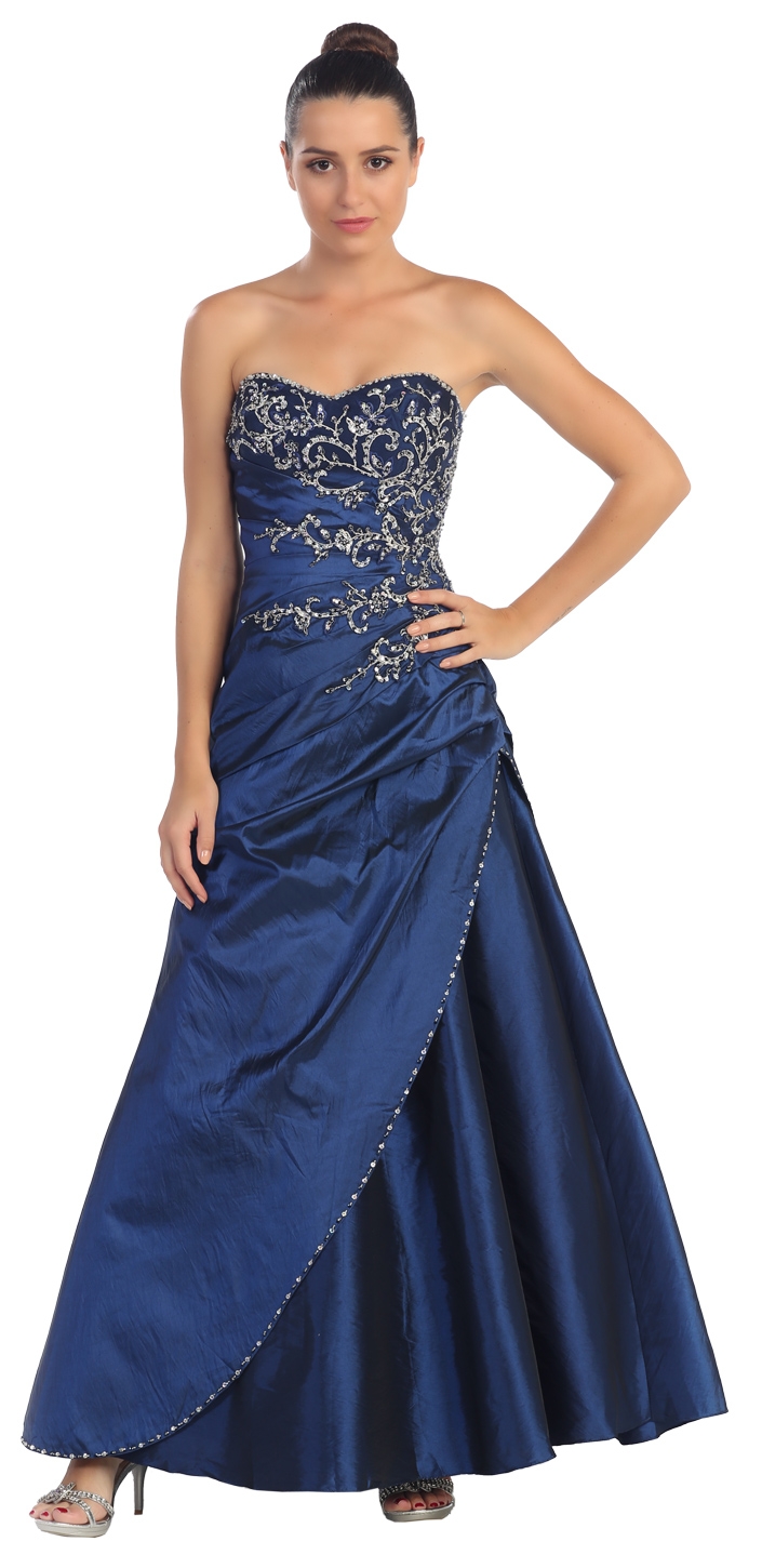Strapless Asymmetric A-Shape Beaded Long Formal Prom Dress — in Navy