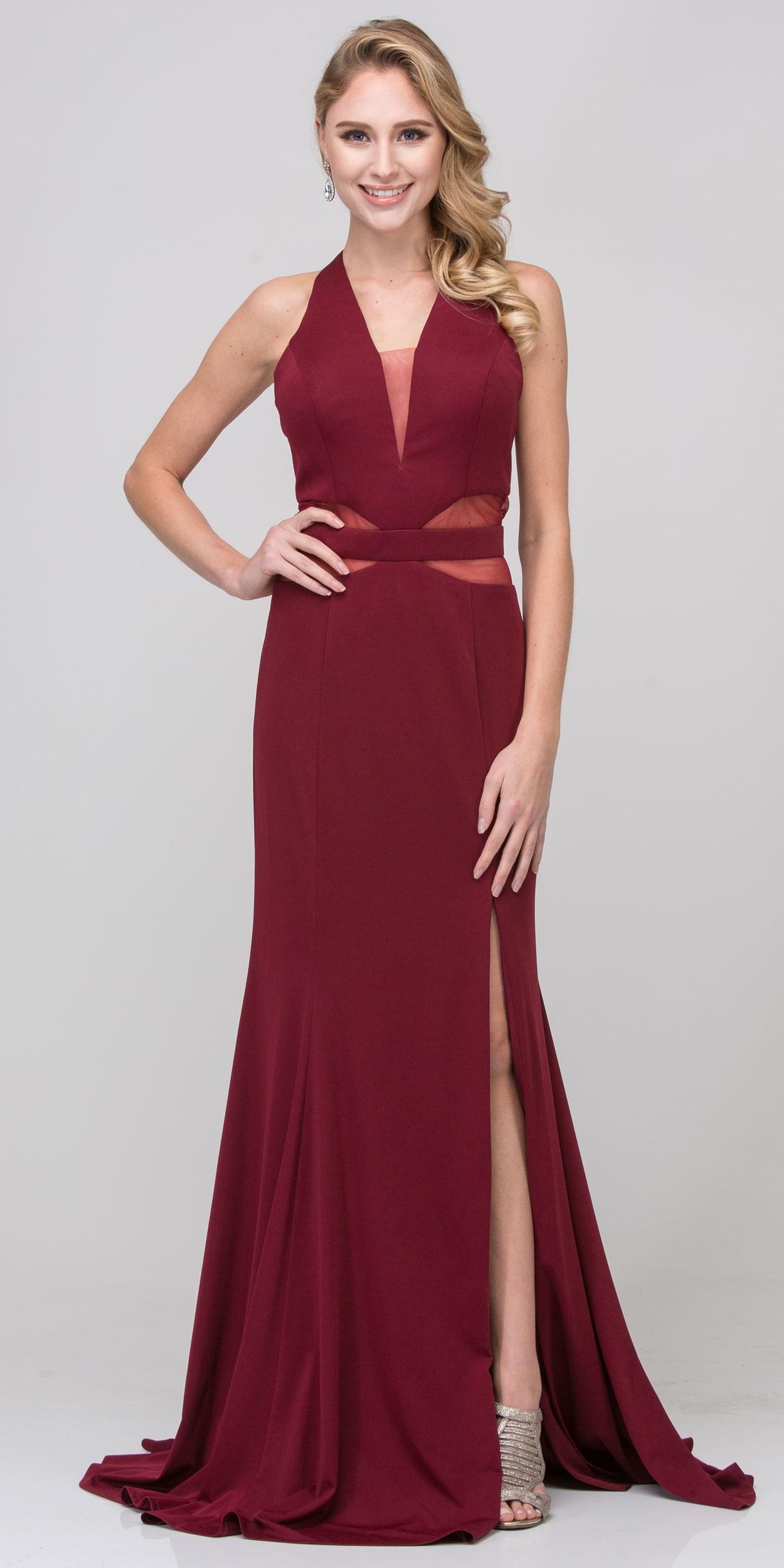 Halter Neck Mesh Panels Front Slit Long Formal Prom Dress — in Burgundy