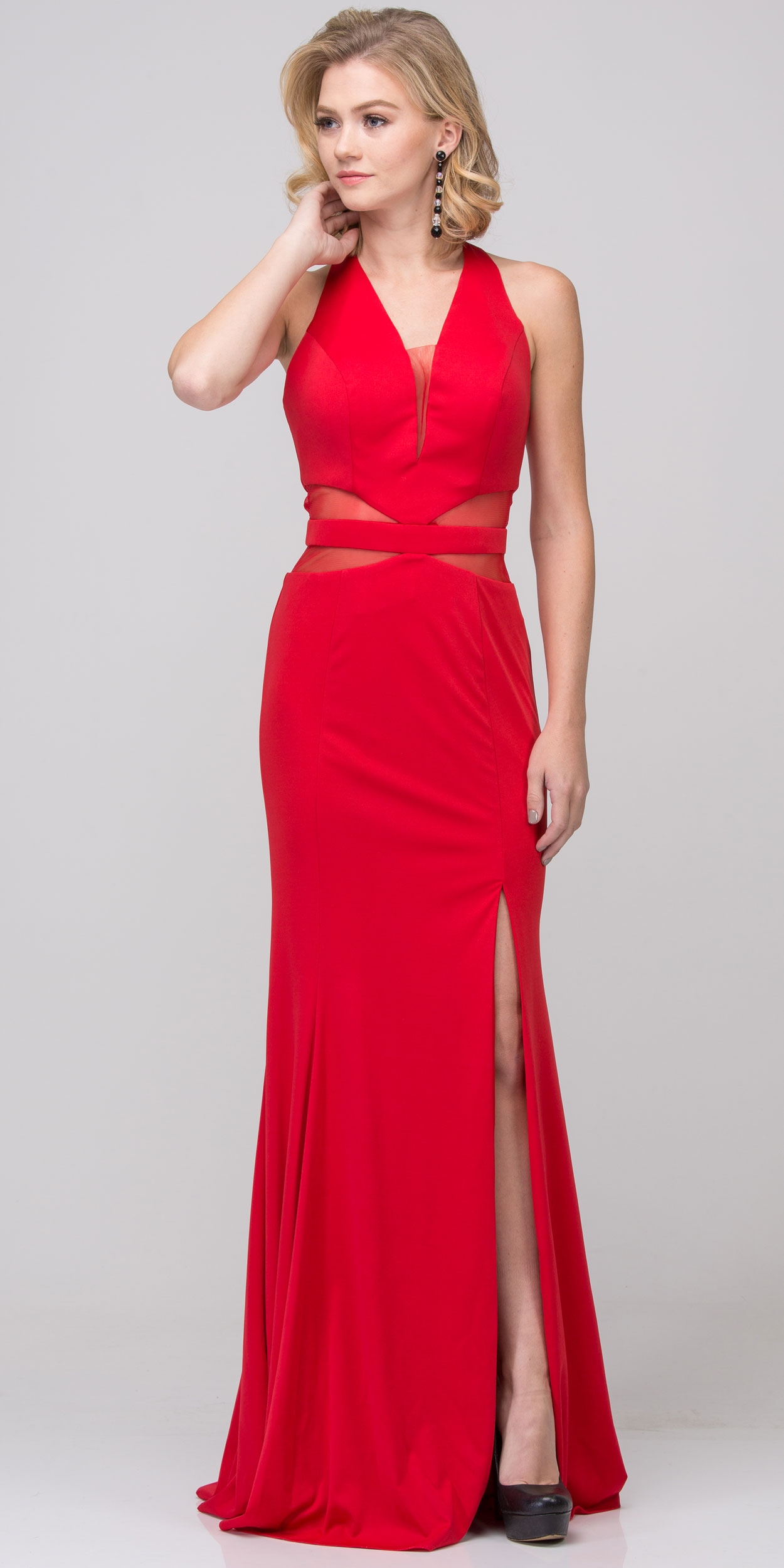 Halter Neck Mesh Panels Front Slit Long Formal Prom Dress — in Red