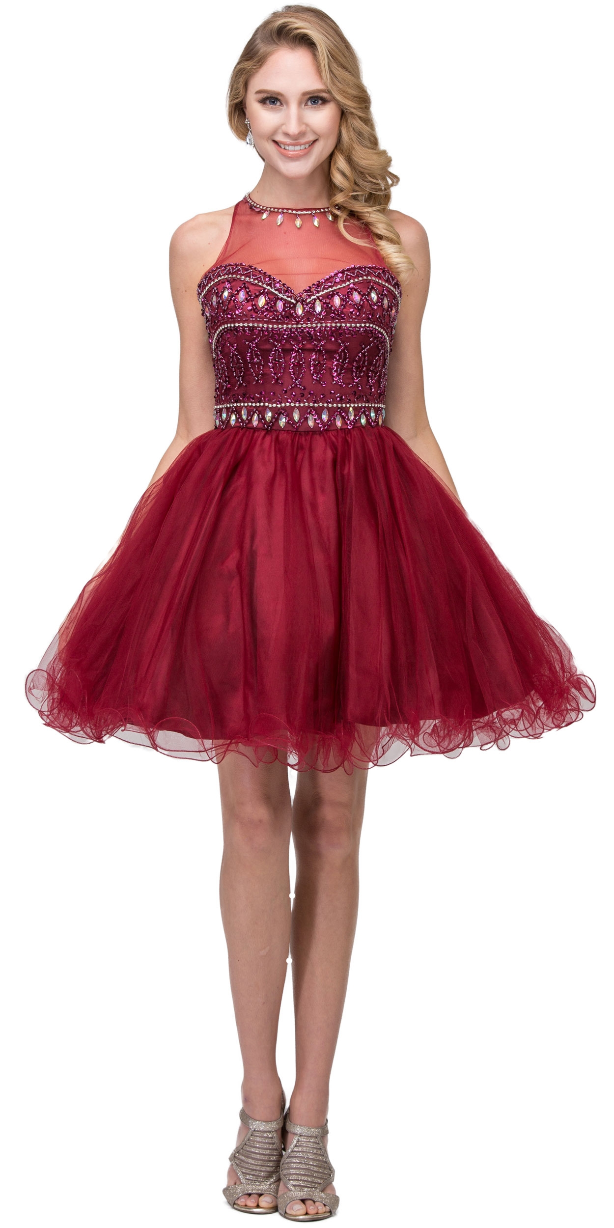 High Neck Bejeweled Bodice Mesh Short Homecoming Dress — in Burgundy