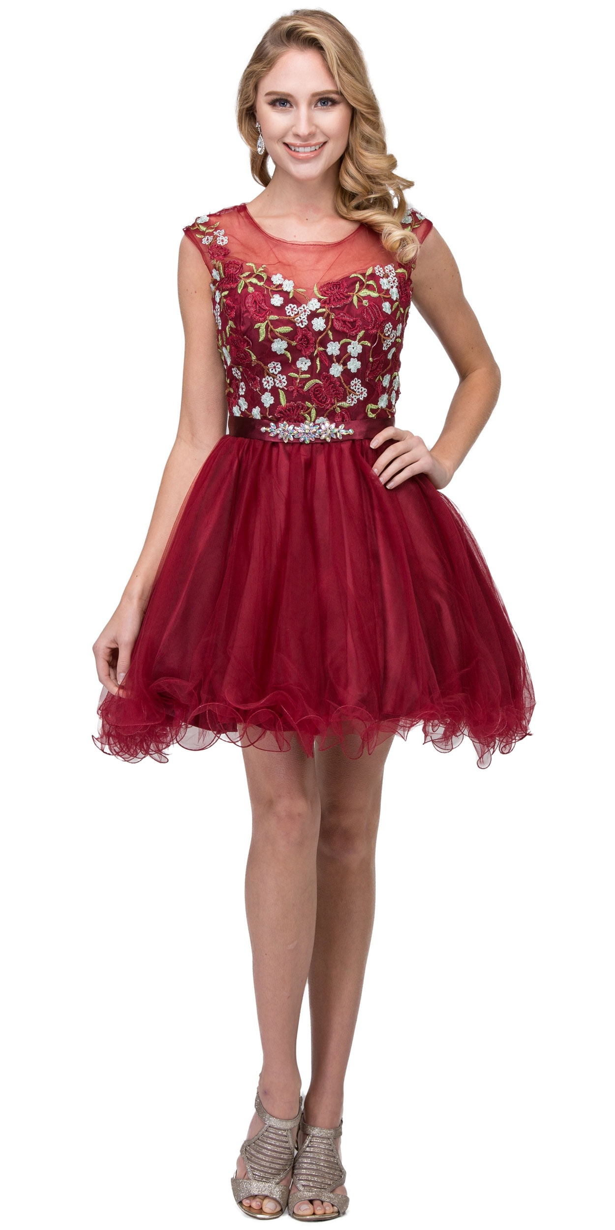 Floral Embroidery Mesh Top Short Tulle Homecoming Dress — in Burgundy