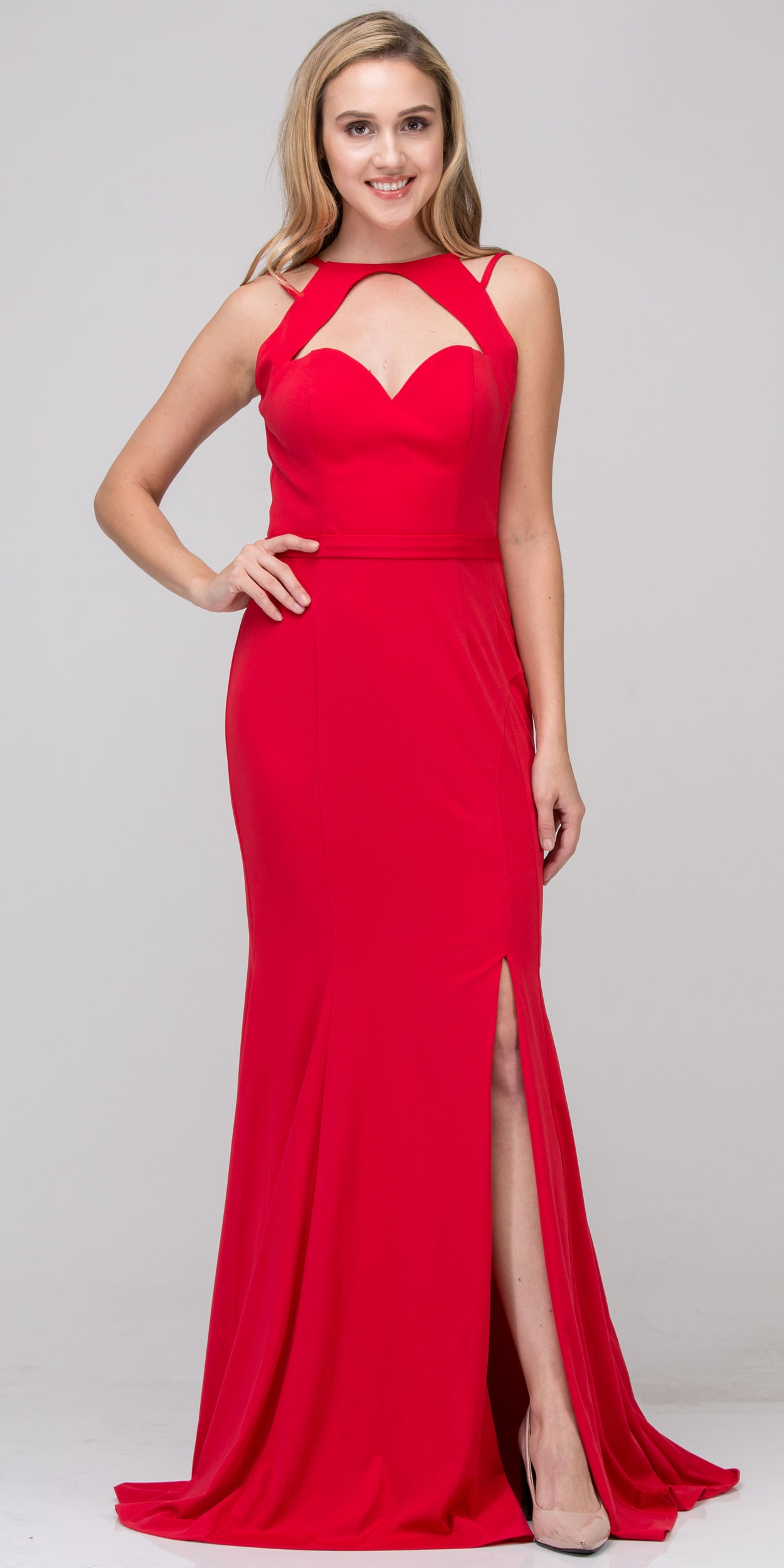 Cutout Sweetheart Neckline Long Fitted Formal Prom Dress — in Red