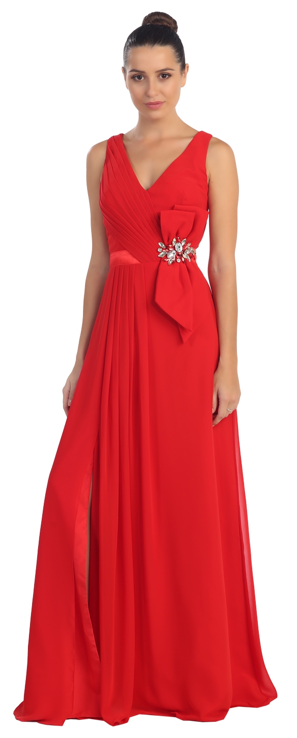 V-Neck Pleated Bow Accent Long Formal Prom Dress