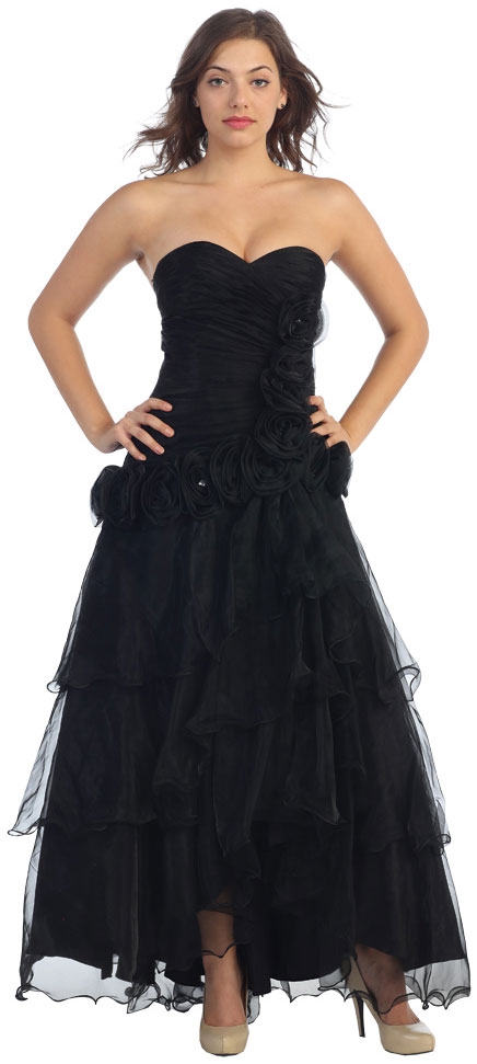 Strapless Oraganza Long Prom dress with Tiered Skirt — in Black