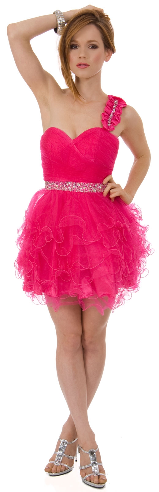 One Shoulder Tiered Skirt Mesh Short Prom Dress  — in Fuchsia