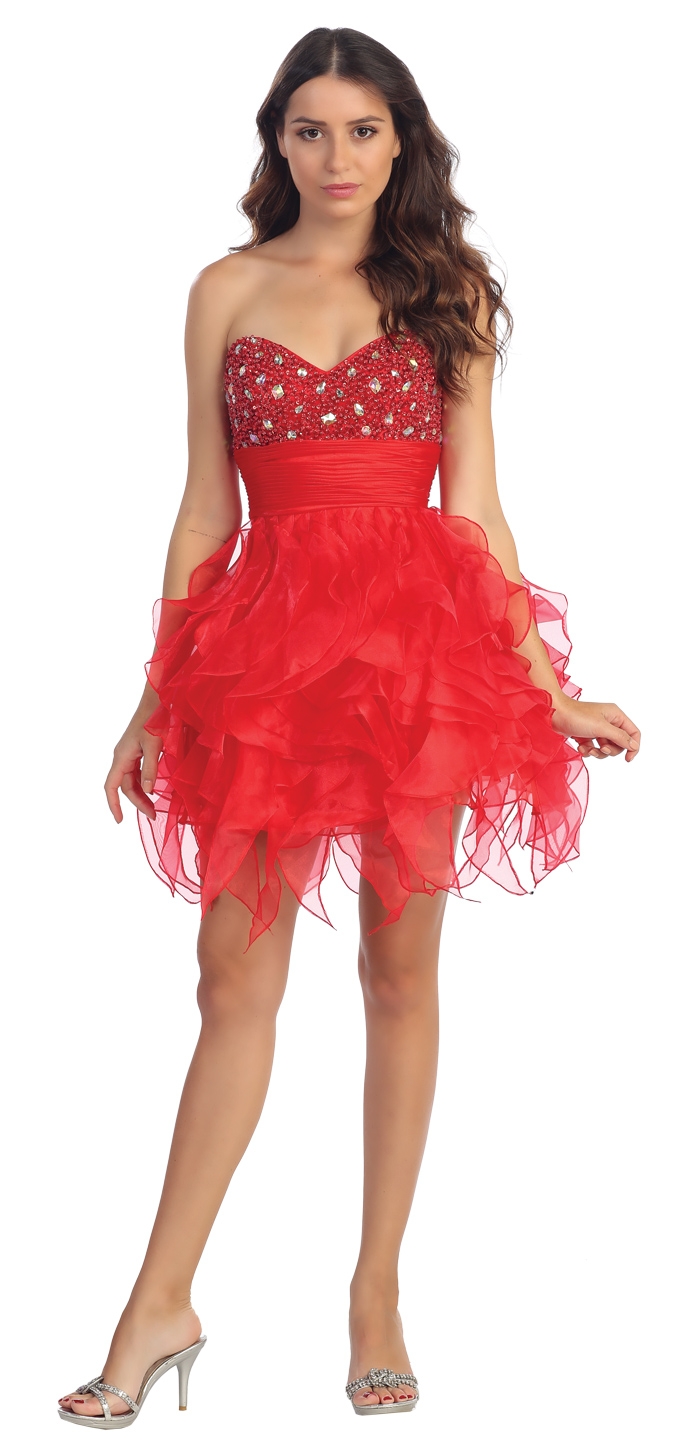Strapless Organza Beaded Prom dress with Ruffled Skirt — in Red