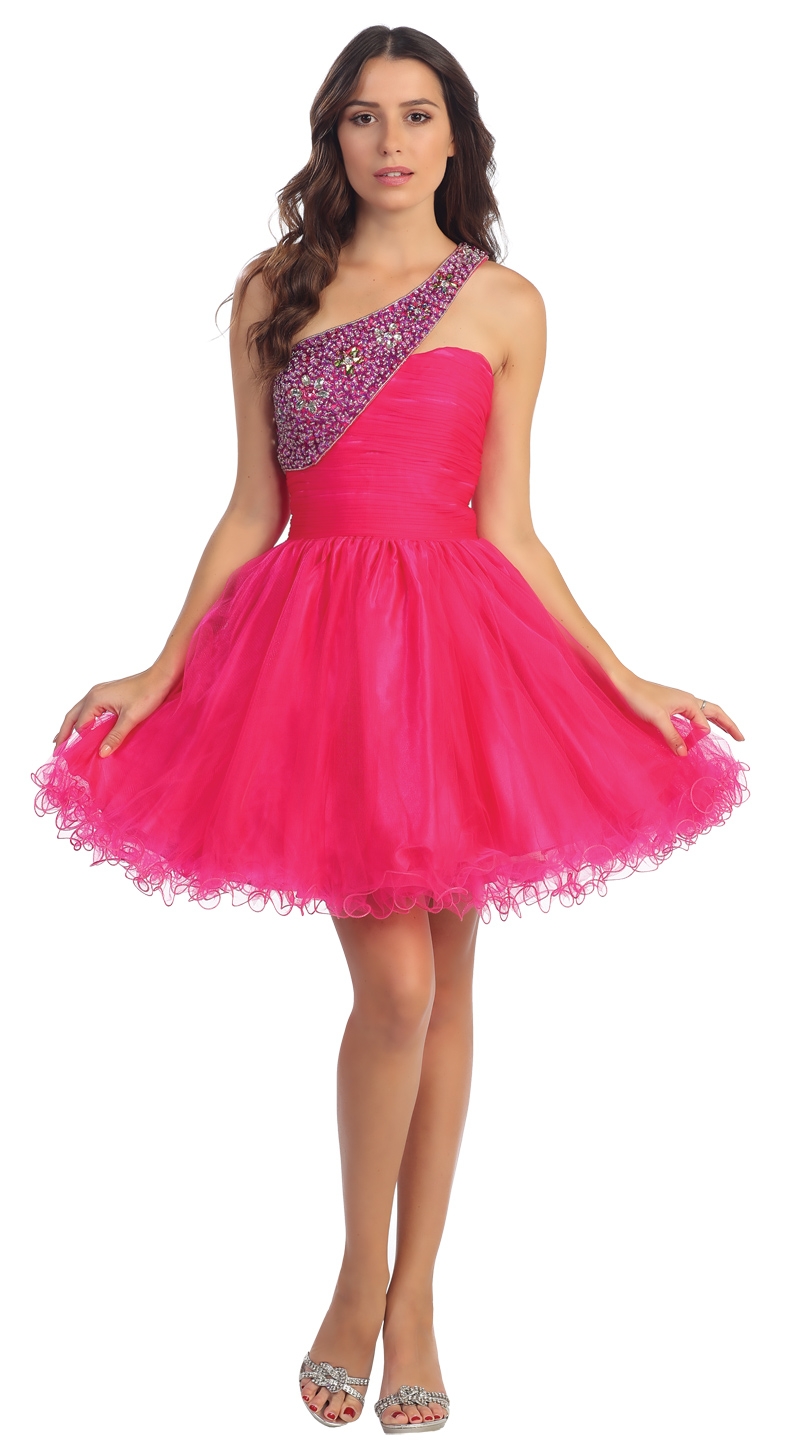 Sequined One Shoulder Tulle Short Party Prom Dress  — in Fuchsia