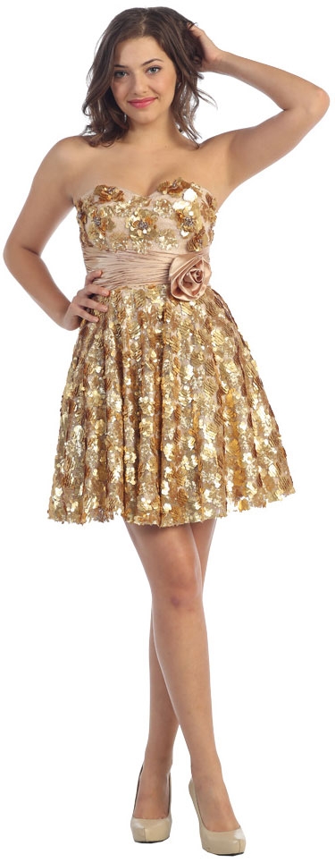 Strapless Short Sequined Prom Dress with Floral Applique