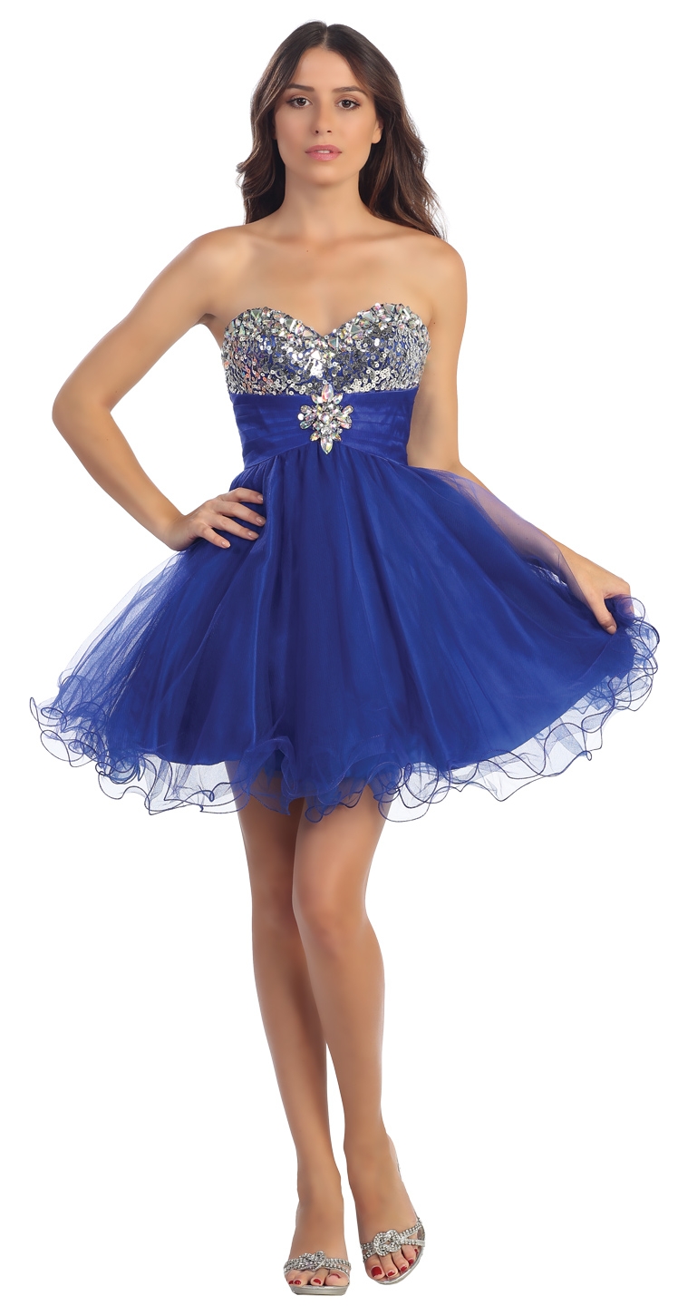 Strapless Sequins Bust Mesh Short Party Prom Dress — in Royal Blue