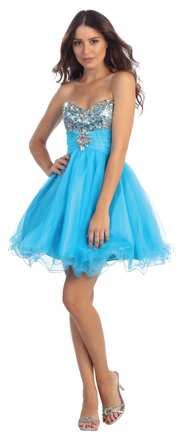 Strapless Sequins Bust Mesh Short Party Prom Dress — in Turquoise