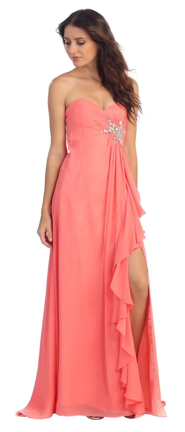 Strapless Long Bridesmaid Dress with Ruffled Side Slit  — in Coral