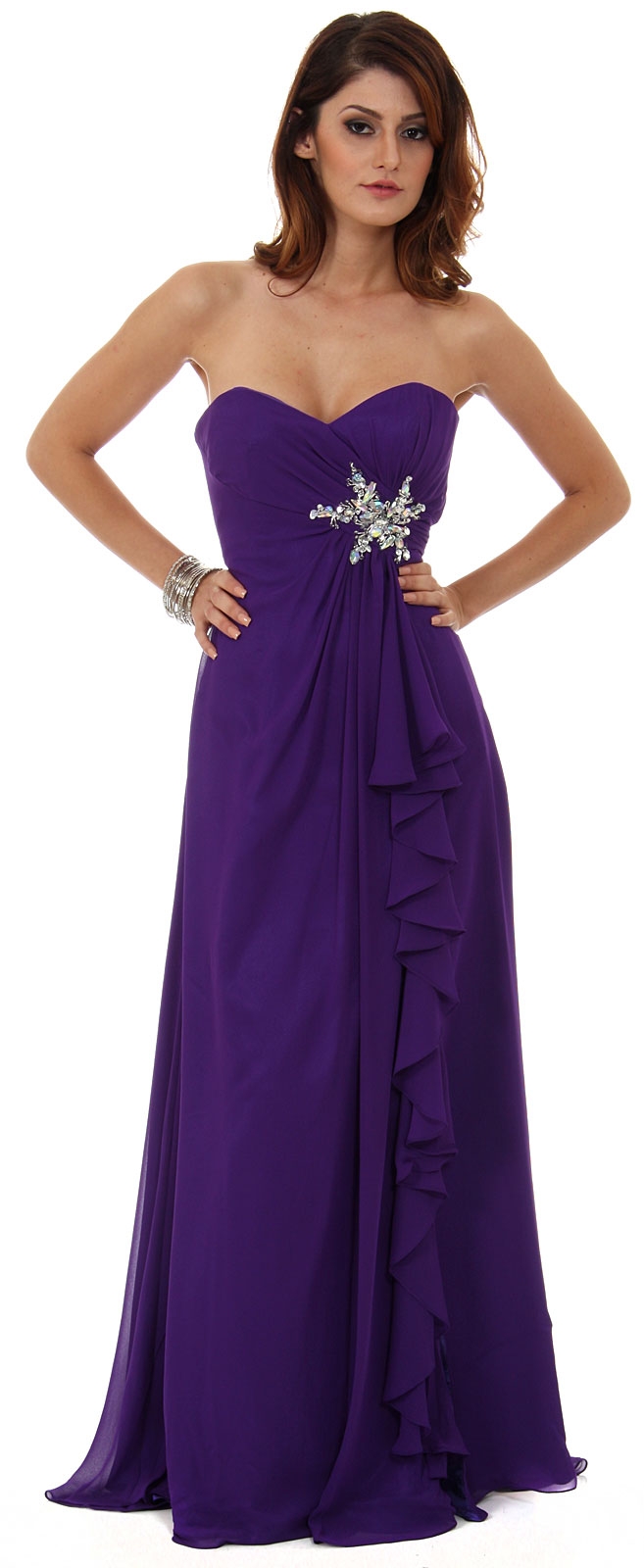 Strapless Long Bridesmaid Dress with Ruffled Side Slit  — in Purple