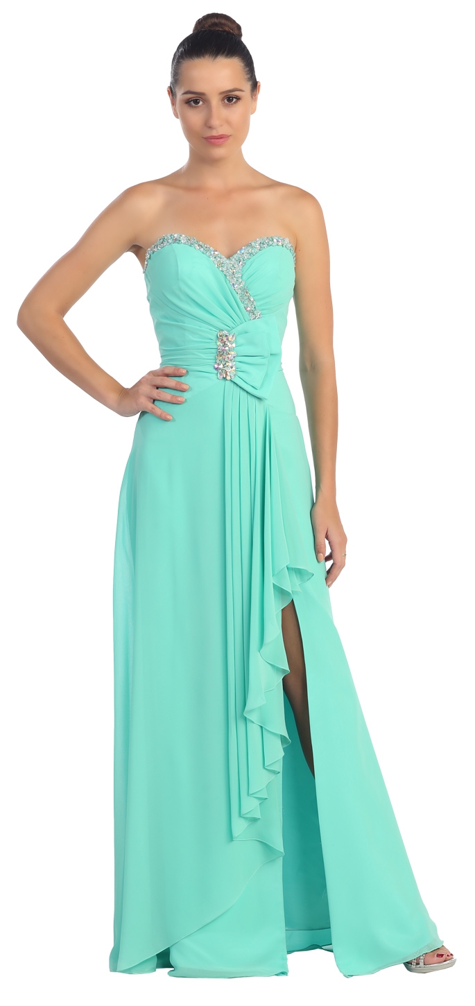Strapless Bow Accent Sequins Long Formal Prom Dress