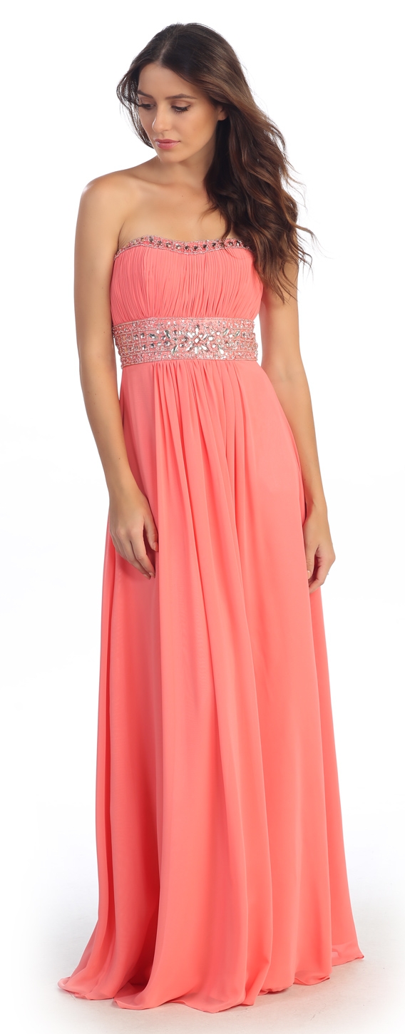 Strapless Beaded Waist Empire Cut Long Formal Dress  — in Coral