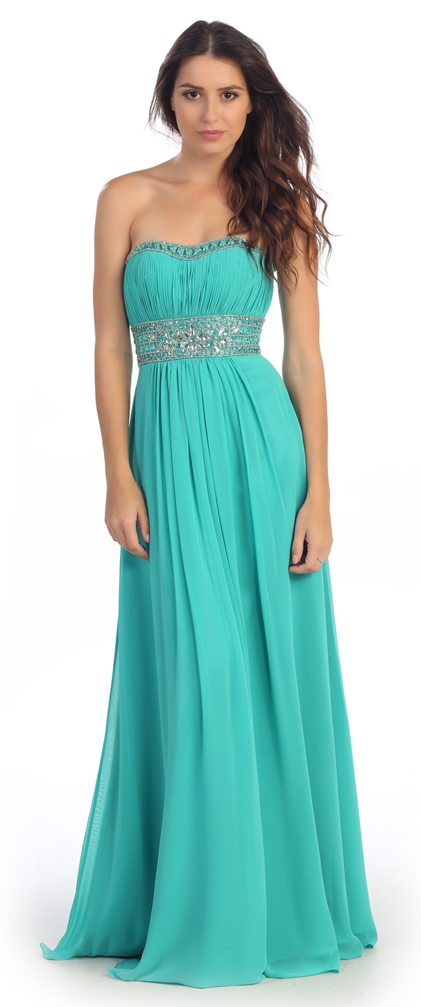 Strapless Beaded Waist Empire Cut Long Formal Dress  — in Jade Green