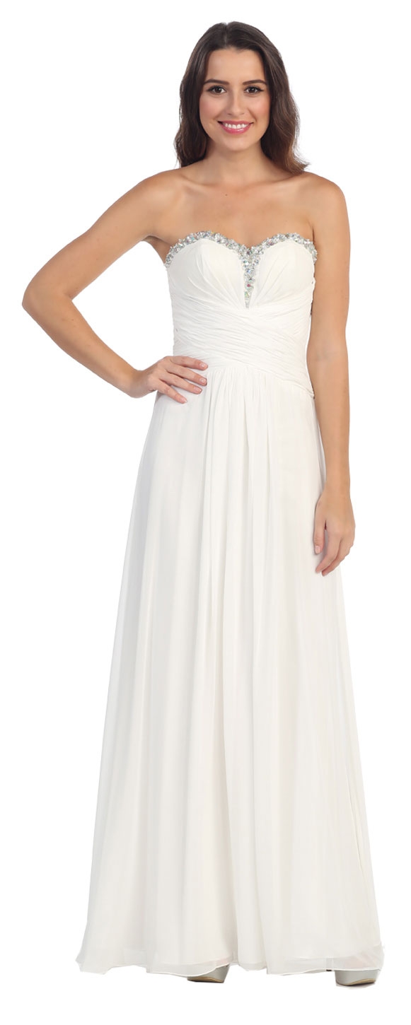 Strapless Beaded & Pleated Long Formal Bridesmaid Dress — in Ivory