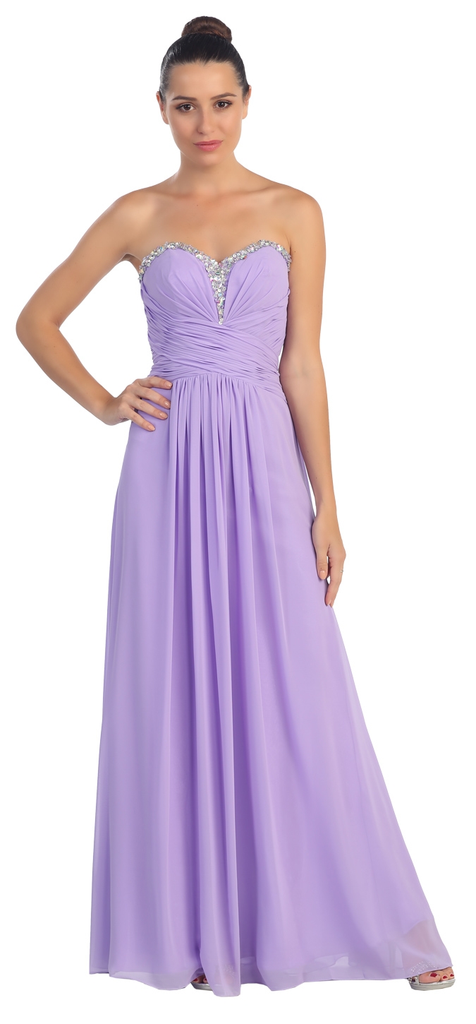 Strapless Beaded & Pleated Long Formal Bridesmaid Dress — in Lilac