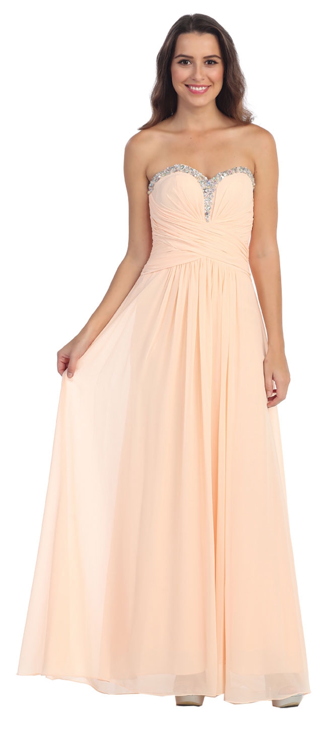 Strapless Beaded & Pleated Long Formal Bridesmaid Dress — in Peach