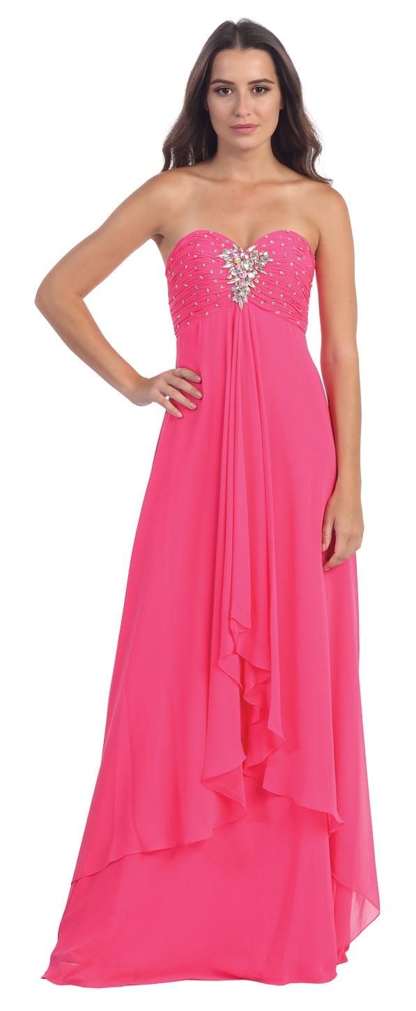 Strapless Rhinestone Bust Long Formal Bridesmaid Dress  — in Fuchsia