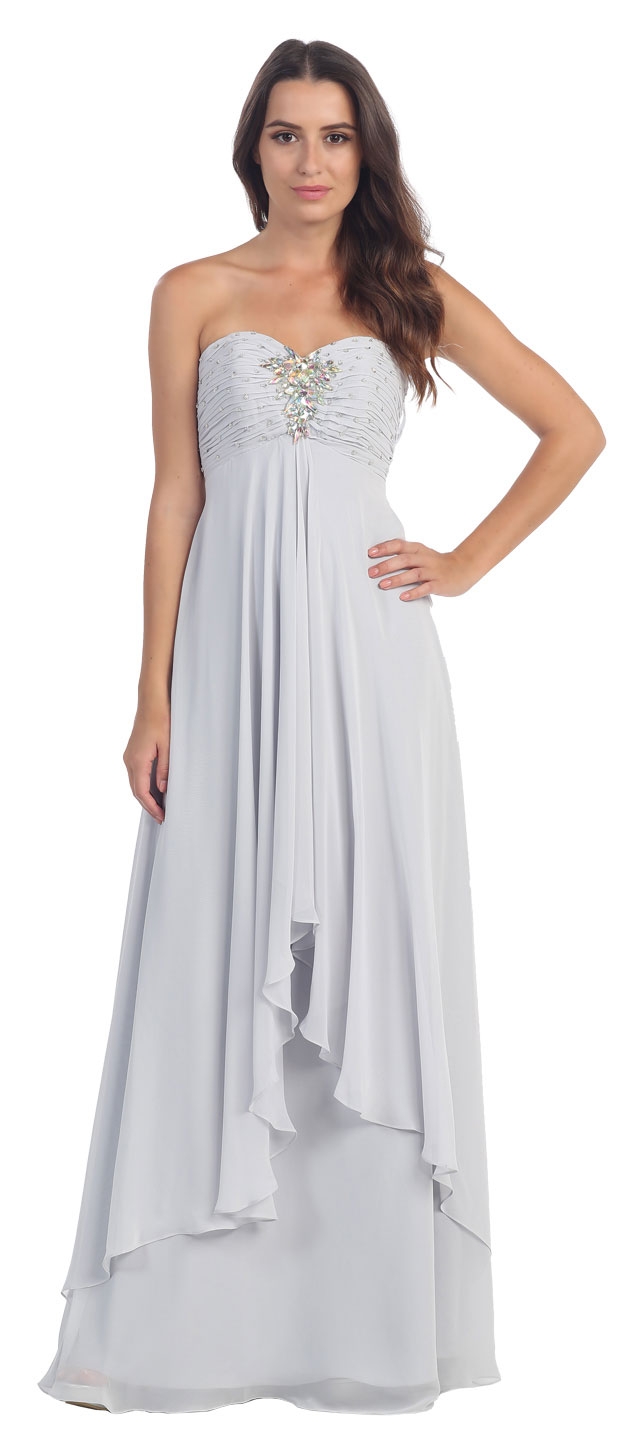 Strapless Rhinestone Bust Long Formal Bridesmaid Dress  — in Silver