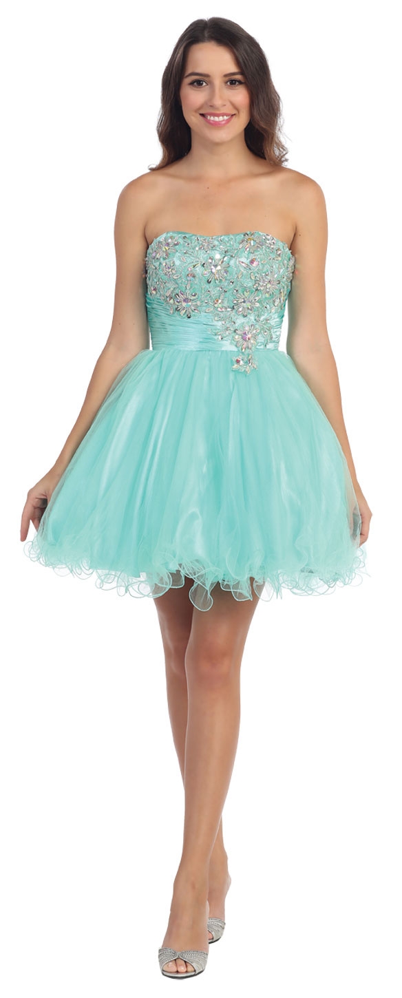 Strapless Rhinestones Bust Short Tulle Party Dress — in Mint