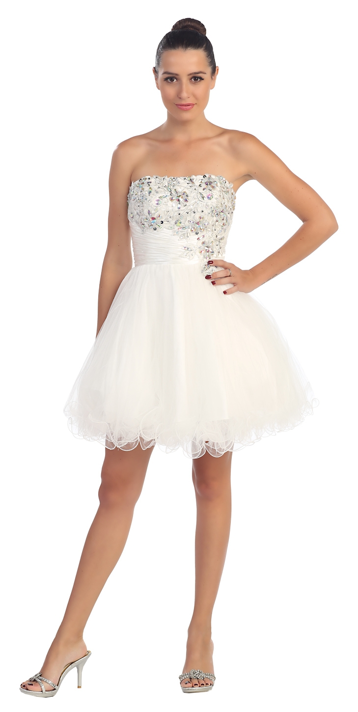 Strapless Rhinestones Bust Short Tulle Party Dress — in White