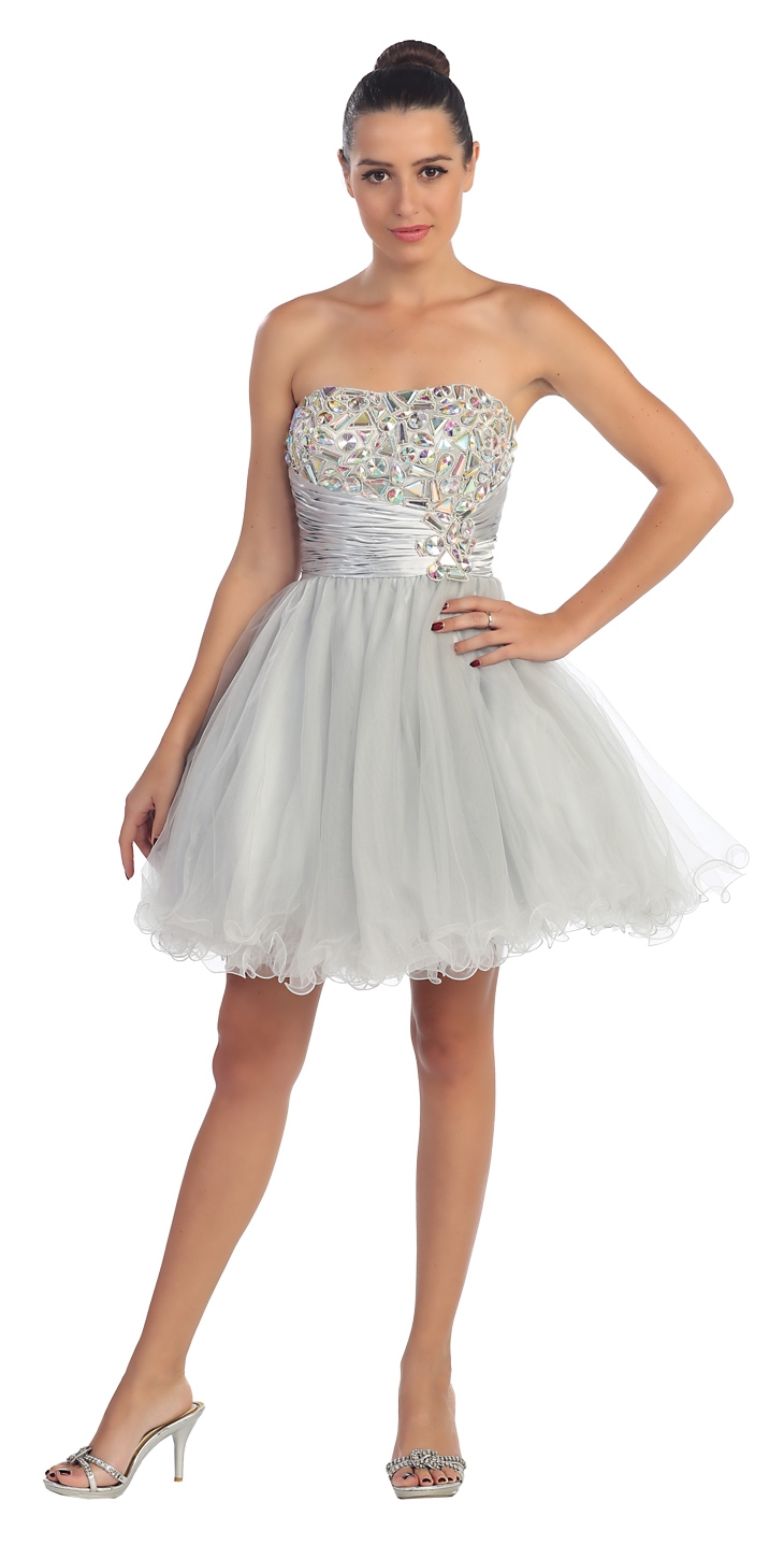 Strapless Rhinestones Bust Short Tulle Party Dress — in Silver