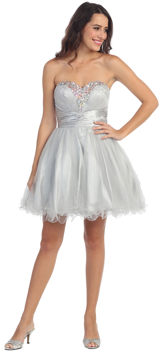 Strapless Sequined Bust Short Tulle Prom Party Dress — in Silver