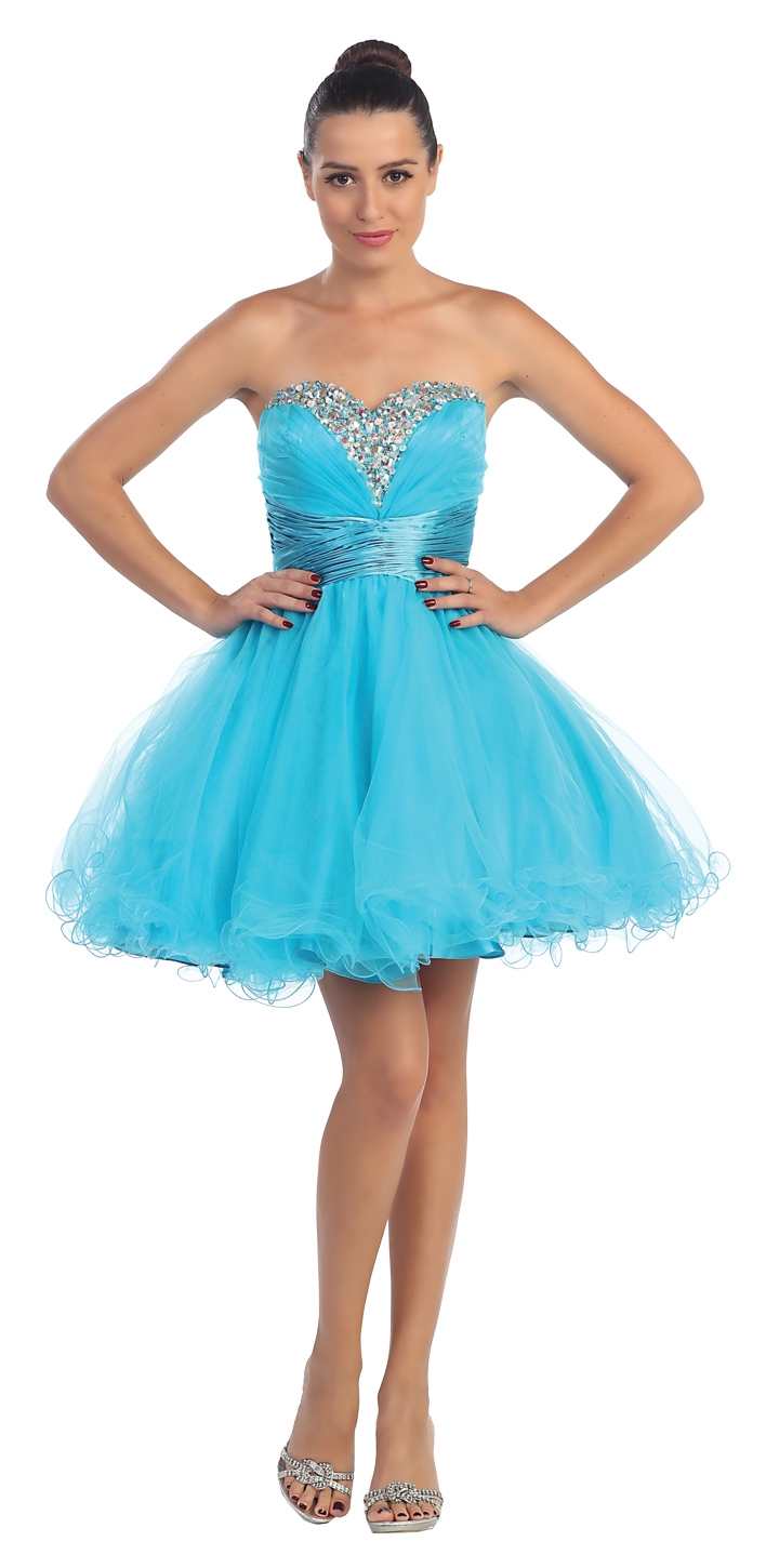 Strapless Sequined Bust Short Tulle Prom Party Dress — in Turquoise