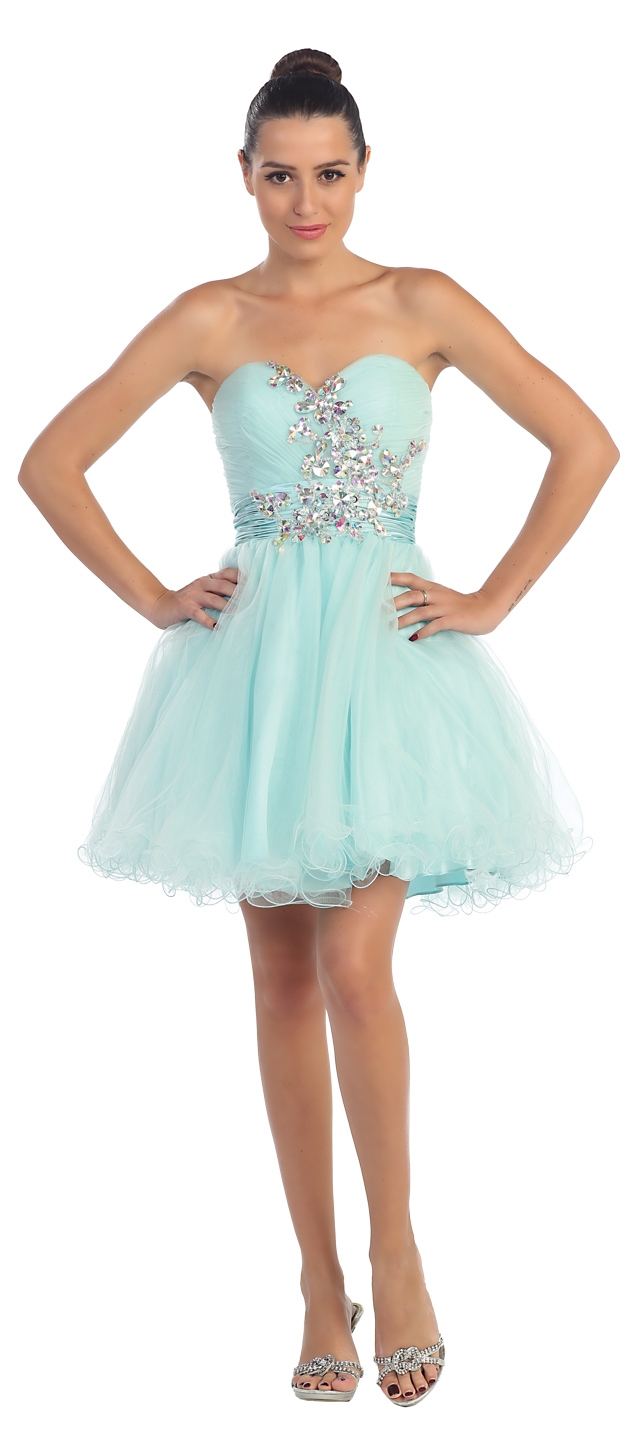 Strapless Rhinestones Bust Short Tulle Party Dress — in Mint