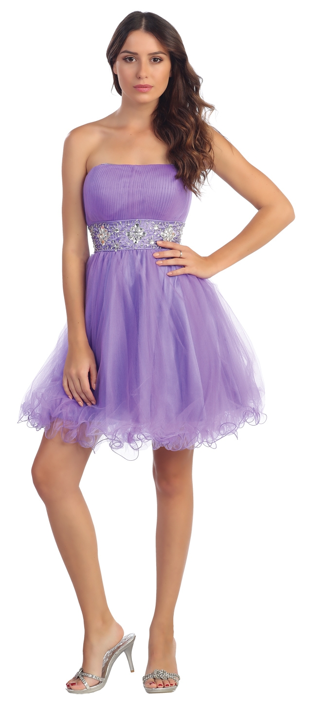 Strapless Pleated Rhinestone Waist Short Party Dress  — in Lavender