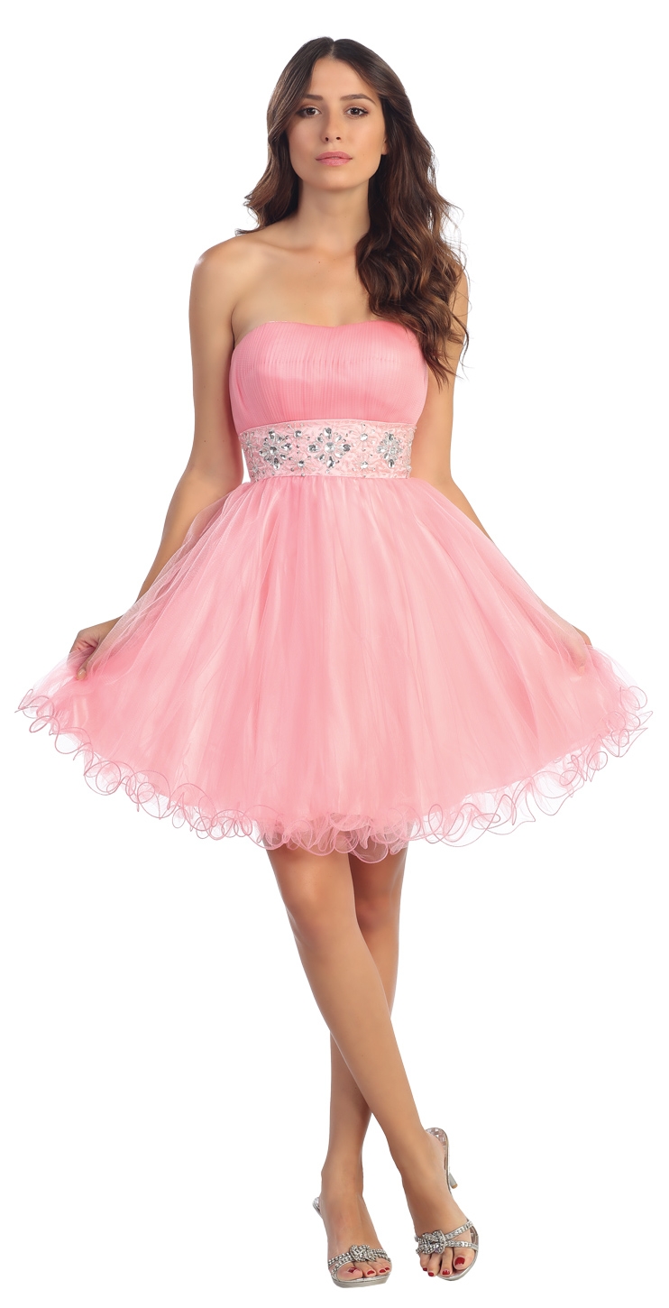 Strapless Pleated Rhinestone Waist Short Party Dress  — in Pink